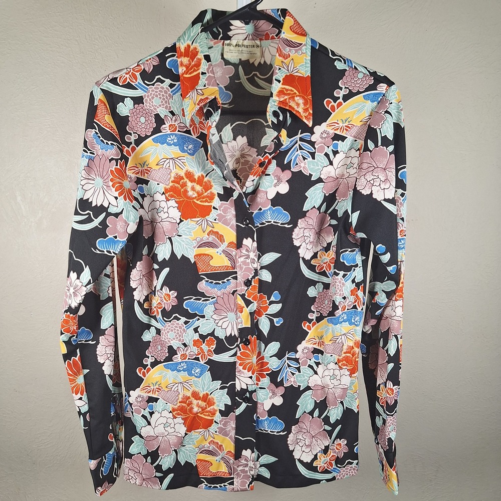Vintage Polyester 70s Style Loud Disco Print Psychedelic Blouse Button Up